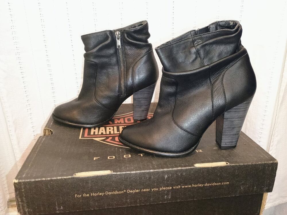 Harley Davidson "Stonebrook" Black Leather Zip Chunky Heel Boots - Women's 6.5